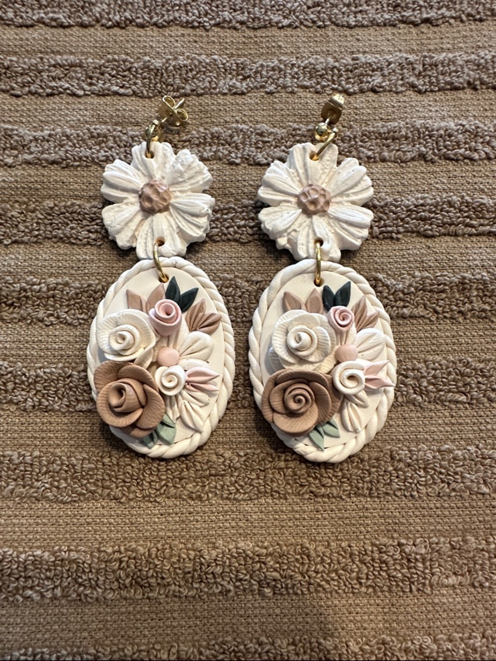 Handmade Floral Drop Earrings - Cream & Blush. NEW